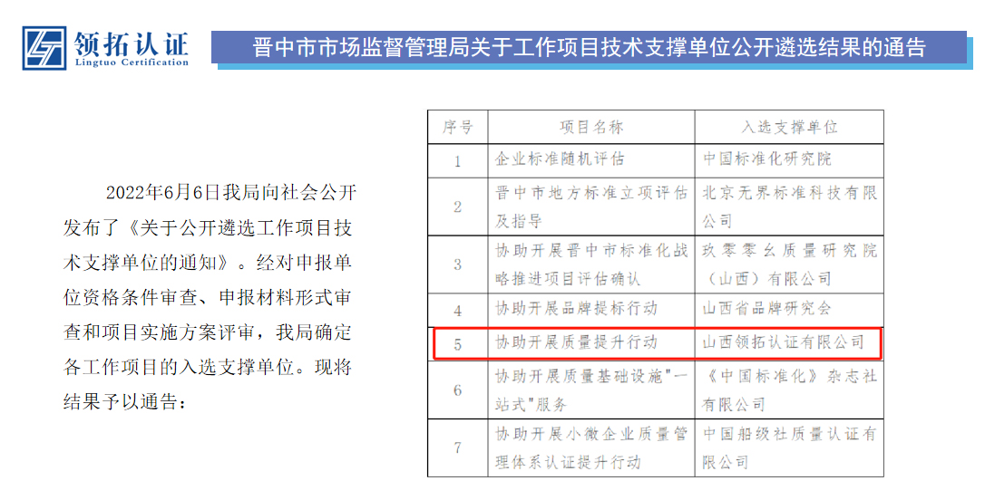 晉中市市場監督管理局關于工作項目技術支撐單位公開遴選結果的通告